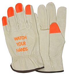Mcr Safety 3413Hvil Gloves, Premium Grade Grain Pigskin Driver, Cream Color, Orange Hi Vis Fingertips, "Watch Your Hands" Logo, Keystone Thumb, Size Large, Pack Of 12 Pairs