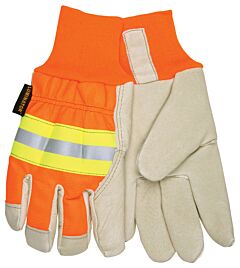Mcr Safety 3440M Gloves, Luminator Hi-Vis, Grain Pigskin Driver W/ Reflective Back/Thermosock, Knit Wrist, Size Medium, Pack Of 12 Pairs