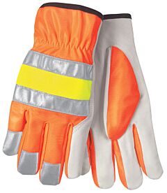 Mcr Safety 36111M Gloves, Luminator Hi-Vis, Grain Goat, Orange Reflective Fabric Back, Size Medium, Pack Of 12 Pairs