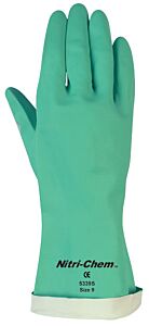 Mcr Safety 5339S Gloves Green Flock Lined Nitrile, 18 Mil, Straight Cuff, Size 9.5, Diamond Grip