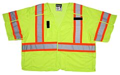 Mcr Safety Survcl3Ll Safety Vest, Class 3, Surveyor, Tear-Away, Mesh, 3" Orange/Silver Stripe, Pockets, Lime, Size Large