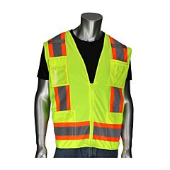 Pip 302-0500D-Ly/4X Type R Class 2 Vest, Two Tone, Mesh/Solid With D-Ring & Id, 11 Pockets, Hi Vis Yellow, Size 4X-Large, 1 Each
