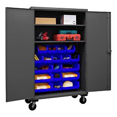 Durham Hdcm48-18-2S5295 Mobile Cabinet, 12 Gauge, 2 Shelf, 18 Blue Bins, 54-3/16 X 24 X 81