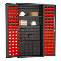 Durham 3501-Dlp-60Dr11-96-2S1795 Cabinet, 14 Gauge, 60 Drawers, 96 Red Bins, 2 Shelves, 36 X 24 X 72