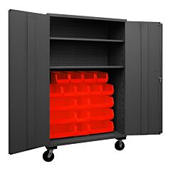 Durham 2502M-Blp-18-2S-1795 Mobile Cabinet, 16 Gauge, 2 Shelves, 18 Red Bins, 50-9/16 X 24 X 81