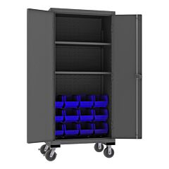Durham 3501M-Blp-12-2S-5295 Mobile Cabinet, 14 Gauge, 2 Shelves, 12 Blue Bins, 38-9/16 X 24 X 80
