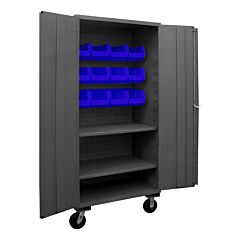 Durham 2501M-Blp-12-2S-5295 Mobile Cabinet, 16 Gauge, 2 Shelves, 12 Blue Bins, 38-9/16 X 24 X 81