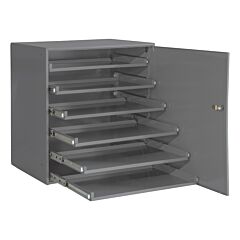 Durham 321B-95-Dr Heavy Duty Bearing Slide Rack, Cold-Rolled Steel, 6 Sliding Compartments With Locking Door, Positive Closure Feature To Keep Trays In, Punched Holes For Installation, Gray