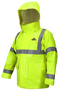 Mcr Safety Bj238Jhx3 Pvc/Nomex Fr Jacket, Class 3, Cape Ventilated Back, "D" Ring, 2" Silver Fr Stripe, Zipper, 2 Pockets, Draw String Hood, Adjust Wrist, Lime, Size 3X-Large