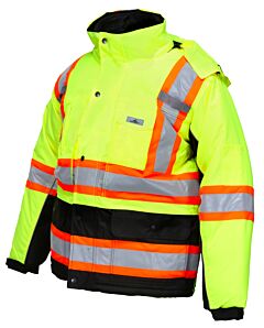Mcr Safety Vt38Jhxl Double Insulated Rip Stop Poly/Pu, Class 3 Jacket W/ Detachable Hood, Zip Out Inner Fleece Liner, Lime/Black Shading, Size X-Large