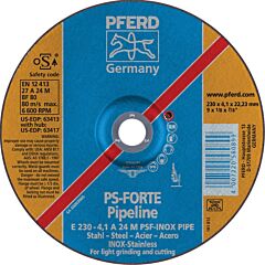 Pferd 63413 Pipeline Grinding And Notching Wheels, Depressed Center Cutting, Light Grinding (Type 27) Pipeline, A-Psf Inox: Aluminum Oxide For Steel, Stainless