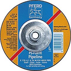 Pferd 63416 Pipeline Grinding And Notching Wheels, Depressed Center Cutting, Light Grinding (Type 27) Pipeline, A-Psf Inox: Aluminum Oxide For Steel, Stainless