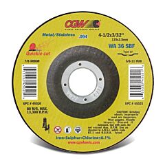 Cgw Abrasives 45020 Thin Cut-Off Wheel, 4 1/2 In Dia, 3/32 In Thick, 7/8 Arbor, 36 Grit Alum. Oxide