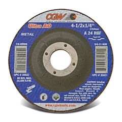 Cgw Abrasives 35655 Depressed Center Wheel, Type 27, 9 In Dia, 1/4 In Thick, 5/8 Arbor, Hardness R