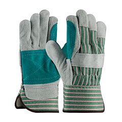 West Chester 500Dp/M Superior Grade Split Cowhide Leather Double Palm Gloves With Fabric Back, Rubberized Safety Cuff, Green, Size Medium