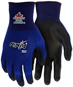 Mcr Safety N9696 Gloves, Ninja Lite Athletic Grade Blue Nylon Shell, Black Pu Dipped Palm/Fingertips, Pack Of 12 Pairs