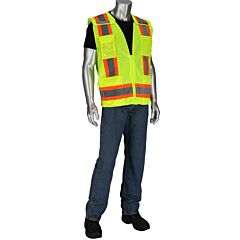 Pip 302-0505-Ly/M Class 2 Solid/Mesh Safety Vest, Zipper, 8 Pockets, Mic Tab, Two Tone Tape, Yellow, Size Medium