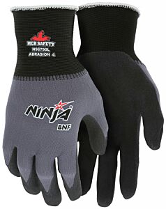 Mcr Safety N96790 Gloves, Ninja Bnf 15 Gauge, Gray Nylon/Spandex Shell, Black Breathable Nitrile Foam (Bnf) Coated Palm And Fingertips