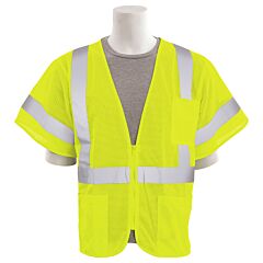 Erb 62356 Aware Wear S6633P Type R, Class 3, Mesh Zip Front Safety Vest With Three Pockets, Yellow, 4X-Large