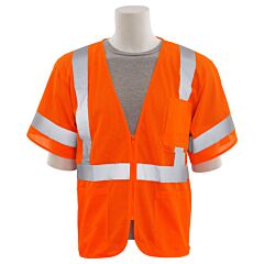 Erb 62360 Aware Wear S6633P Type R, Class 3, Mesh Zip Front Safety Vest With Three Pockets, Orange, Medium