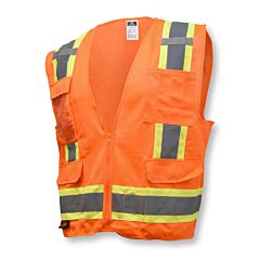 Radians Sv6Os Safety Vest 2" Tape, 1 Horizontal Tape, Solid Front / Mesh Back, Zipper Closure, Inside And Outside Pockets, Type R Class 2 Hi-Vis Orange, Size Small