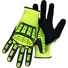 Boss 1Cf7007Ntprm Seamless Knit Hppe Blended Gloves With Hi-Vis Impact Protection And Sandy Nitrile Coated Palm & Fingers, Hi-Vis Green, Size Medium