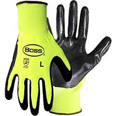 Boss 1Uh7802L Hi-Vis Seamless Knit Polyester Gloves With Nitrile Coated Smooth Grip On Palm & Fingers, Hi-Vis Yellow, Size Large