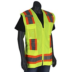 Pip 302-0512-Ly/M Ansi Type R Class 2 Women'S Contoured Two-Tone Eleven Pocket Surveyors Vest With Solid Front And Mesh Back, Hi-Vis Yellow, Size Medium