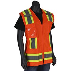 Pip 302-0512-Or/S Ansi Type R Class 2 Women'S Contoured Two-Tone Eleven Pocket Surveyors Vest With Solid Front And Mesh Back, Hi-Vis Orange, Size Small