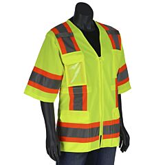 Pip 303-0513-Ly/S Ansi Type R Class 3 Women'S Contoured Two-Tone Eleven Pocket Surveyors Vest With Solid Front And Mesh Back, Hi-Vis Yellow, Size Small