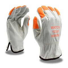 Cordova 8213Wyhxl Gloves, Beige Grain Cowhide Driver, Unlined, Shirred Elastic Back, Orange Sewn Finger Tips, Watch Your Hands Logo, Keystone Thumb, Size X-Large