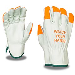 Cordova 8216Wyhm Gloves, Grain Cowhide Driver, Unlined, Shirred Elastic Back, Orange Self-Extinguishing Sewn Finger Tips, Watch Your Hands Logo, Keystone Thumb,Med, Size Medium