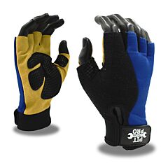 Cordova 77771 Pit Pro Activity Gloves, Tan Synthetic Leather Palm, Gel Foam Padding, Blue/Black Spandex Back, Half Fingers, Hook & Loop Closure, Large