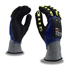 Cordova 3726Tprs Gloves, Tuf-Cor Impact, 13-Gauge Hppe/Glass Fiber Shell, Blue Nitrile Full Coating, Black Sandy Nitrile Palm Coating, Tpr Protectors, Ansi Cut Level A4, Size Small