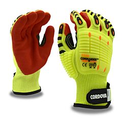 Cordova 7749S Gloves, Commander Impact 13-Gauge, Hi-Vis Hppe/Glass/Steel Shell, Soft Tpr Protectors, Red Sandy Nitrile Palm Coating, Hook & Loop Closure, Ansi Cut Level A7, Ansi Impact Level 1, Size Small