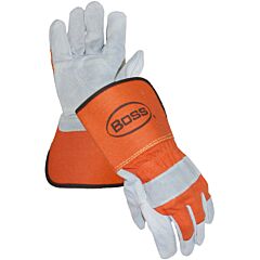 Boss 1Jl2394 Premium Grade Split Cowhide Leather Double Palm Gloves With Fabric Back And Aramid Stitching, Rubberized Gauntlet Cuff, Orange