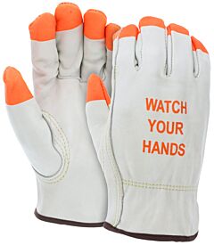 Mcr Safety 3215Pixl Gloves, Competitive Value Grade Cow Grain Driver, Hi Vis Orange Fingertips, "Watch Your Hands" Logo, Keystone Thumb, Abr3, H2, Size X-Large