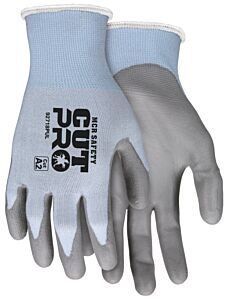 Mcr Safety 92718Pus Gloves, Cut Pro A2, 18 Gauge, Light Blue Hppe/Stainless Shell, Gray Pu Coated Palm/Fingers, Ansi Cut A2, Abrasion 3, Puncture 4, Dexterity 5, Size Small