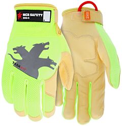 Mcr Safety 964M Gloves, Taskfit, Honey Gold Goat Leather Palm, Hi Vis Lime Polymesh, Hi Vis Lime Reflective Logo, Abr 4, P3, H3, Size Medium