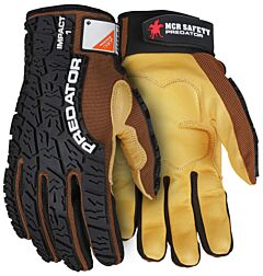 Mcr Safety Pd2907M Gloves, Predator, Honey Gold Goatskin Leather Palm, Brown Spandex Fabric Back, D3O Padded Palm, Fourchettes, Adjustable Wrist, Ansi Puncture 3, Heat 3, Size Medium