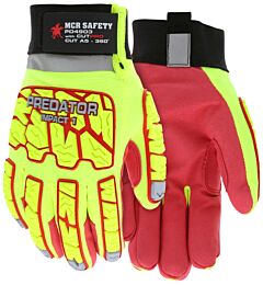Mcr Safety Pd4903Xxl Gloves, Predator Cutpro, Hi Vis Lime Spandex Back, Red Synthetic Suede Leather Palm, Hypermax 360 Degree Lining, Reinforced Thumb, Pull Tab, Reflective Cuff/Fingertips, Adj Wrist, Cut A5, Abrasion 4, P3, Imp1, Size 2X-Large