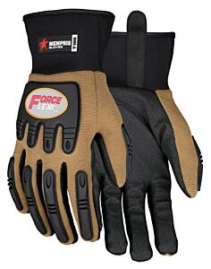 Mcr Safety T100M Gloves, Forceflex, Clarino Synthetic Leather Palm W/Anti-Vibration Polymer Pad, Tan Mesh Fabric Back, Back Of Hand Tpr Cage, Neoprene Slip-On Cuff, Pull Strap, Size Medium