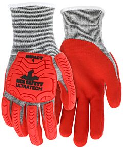 Mcr Safety Ut1954M Gloves, Ultratech Cut Pro, 13 Gauge Salt-N-Pepper Hypermax Shell, Hi-Vis Red Sandy Nitrile Foam Palm, Tpr Back Of Hand, Ansi Cut A5, Abr5, P4, Impact 1, Size Medium