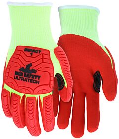 Mcr Safety Ut1953L Gloves, Ultratech Cut Pro, 13 Gauge Hi Vis Lime Hypermax Shell, Hi-Vis Red Sandy Nitrile Foam Palm, Tpr Back Of Hand, Reinforced Thumb Crotch, Padded Palm, Ansi Cut A4, Abrasion 4, P4, Impact 1, Size Large