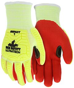 Mcr Safety Ut1956M Gloves, Ultratech Cut Pro, 13 Gauge Hi-Vis Lime Hypermax W/ 10 Gauge, Acrylic Inner Lining, Hi-Vis Red Sandy Foam Nitrile Foam Palm, Tpr Back Of Hand, Reinforced Thumb Crotch, Ansi Cut A5, Abr5, P3, Impact 1, Size Medium