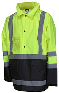 Mcr Safety 508Sjs "Luminator", .25Mm, Poly/Pu, Class 3 Jacket, Snap Front Closure, Cape Ventilated Back, Underarm Vents, Reflective Material, 2 Front Flap Pockets, Attached Hood, Lime, Size Small