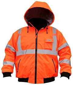 Mcr Safety Bp2Cl3Ox3 2-In-1 Bomber Jacket, Class 3, Zip Out Fleece Liner, Pu/Cotton Polyester, Zipper Front Closure, 2 Outside/3 Inside Zippered Pockets, Cell Phone Pocket, Roll-Out Drawstring Hood, Orange, Size 3X-Large