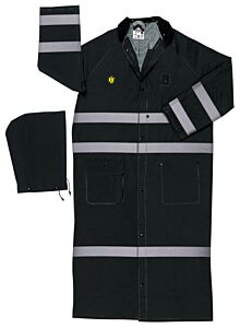 Mcr Safety Fr267Crx6 Classic Plus, .35Mm, Pvc/Poly, Ridercoat, Limited Flammability, 2" Silver Stripes, Detached Hood, Cor Collar, Black, Size 6X-Large