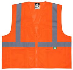 Mcr Safety Rvcl2Mozs “Luminator”, Class 2, Recycled Mesh Safety Vest, 2" Glass Bead Silver Reflective Stripes, 3 Pockets, Zipper, Orange, Size Small