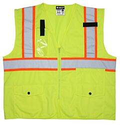 Mcr Safety Survcl2Plx4 Class 2, Poly Tricot Fabric, Surveyor, 2” Silver/Orange, Zipper, 8 Pockets, Plan Pocket, Lime, Size 4X-Large